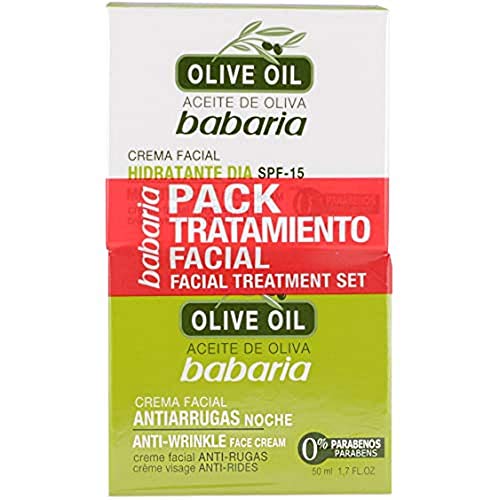 Babaria - Pack Tratamiento Facial Olive Oil, Crema Facial de Día SPF 15 y Crema Facial Antiarrugas Noche, con Aceite de Oliva, Sin Parabenos, Vegano - 2 x 50 ml