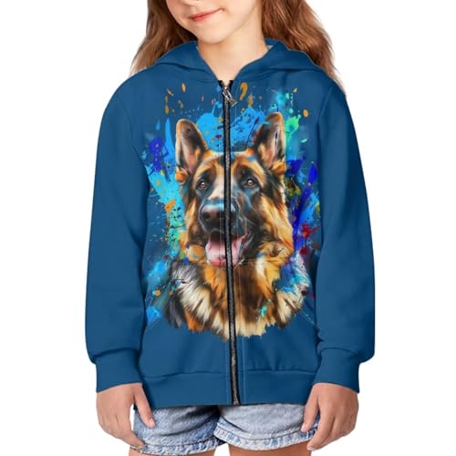 DISNIMO Kapuzen-Sweatshirt-Jacke für Kinder, Mädchen, mit durchgehendem Reißverschluss, langärmelig, lässiger Mantel, Oberteil, 6–16 Jahre, Deutscher Schäferhund, 8-10 Jahre