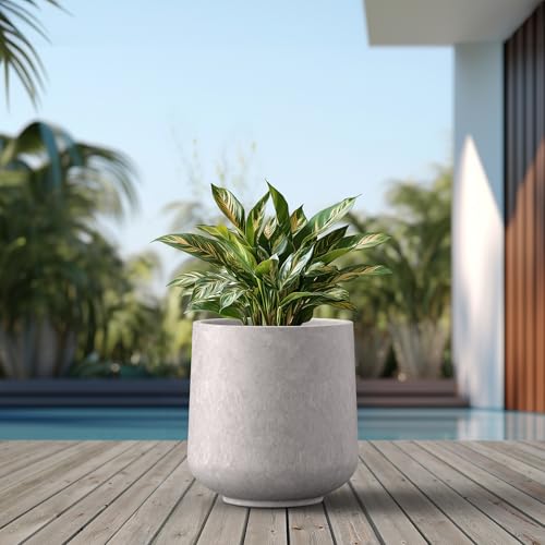 Image of Kante Large Round Curved CON Gray Concrete Planter 16.5 inch Dia, Outdoor | Rubber Plug for Indoor, Drainage for Garden, All-Weather Cement Tree Pot, Handcrafted, Anti-Frost & UV, Modern Home Decor