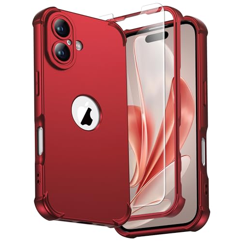 Image of ORETECH 3 in 1 for iPhone 16 Case with 2 x 9H Screen Protector,Red | Full Body Shockproof Design Smooth Texture,15FT Military Grade, Camera Lens Shield, with Armor Front Frame Protection