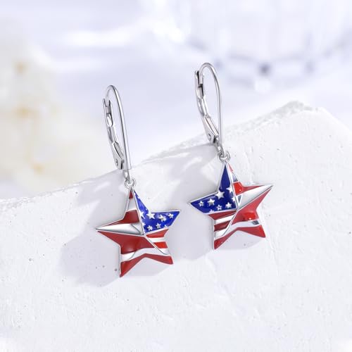 American Flag Earrings for Women 925 Sterling Silver Red White and Blue Star Dangle Drop Leverback Earrings 4th of July Jewelry Patriotic Memorial Day Gifts2