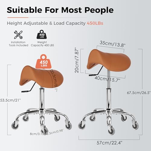 Image of BEWISHOME Saddle Stool with Wheels, Ergonomic Contoured Seat, Thick Cushioned PU Leather Swivel Saddle Chair with Adjustable Height for All-Day Comfort, for Salon, Clinic, Studio and OfficeBMD01Z