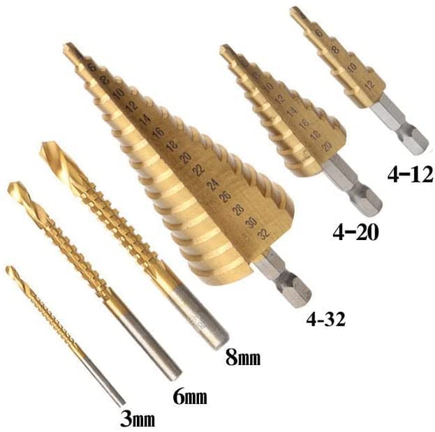 Miniatura 5 de Juego de 6 brocas escalonadas de titanio, juego de dientes de sierra de pagoda de escariado de alta velocidad, 3 brocas de 3 pasos, 3 brocas