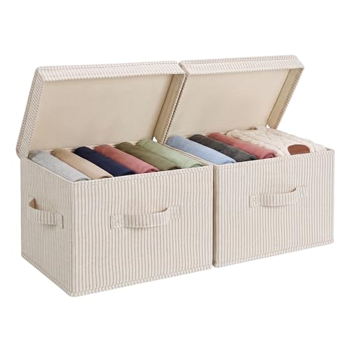 Image of StorageWorks Fabric Storage Bins with Lid, Decorative Storage Boxes for Shelves, Stackable Closet Organizer Basket with Handles, Medium, Khaki and Beige Stripes, 2-Pack