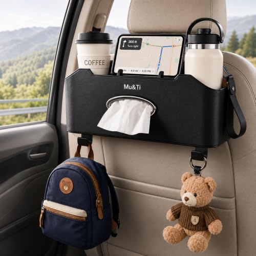 Back Seat Car Organizer with Cup Holders Tissue Box, Phone Stand and Hooks