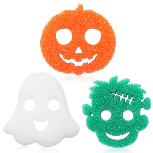 Baderke 3 Pcs Halloween Cleaning Sponges Cute Kitchen Scrub Sponges Ghost Pumpkin Sponge Temperature Sensitive Non Scratch Household Cleaning Sponges Scrubber for Dish Pots and Pans Dishwashing