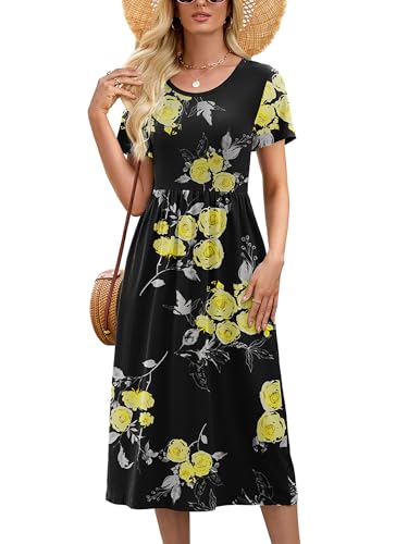 Image of Heymoments Women's Casual Short Sleeve Midi Dress Crewneck A Line Tiered Flowy Loose Travel Long Dresses with Pockets