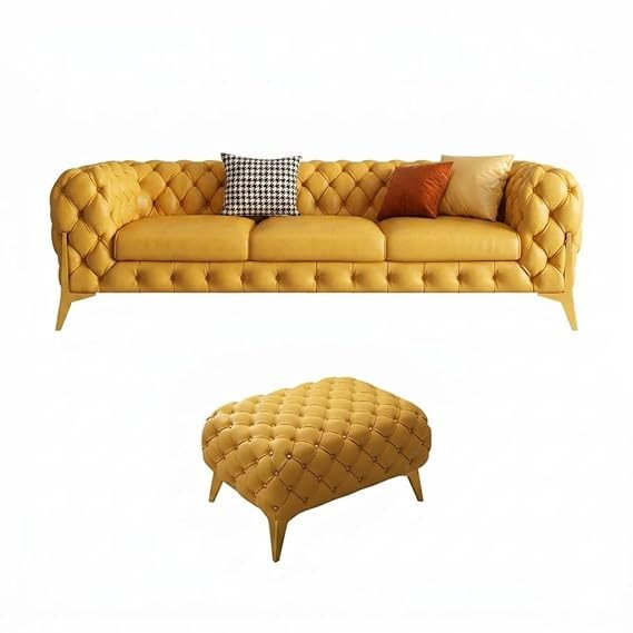 Image of A to Z Furniture Modern Classic Fabric & Valvet Tufted Chesterfield Sofa Living Room and Office (3+1= 4 Seater Sofa Set with Footrest Mustard Yellow)