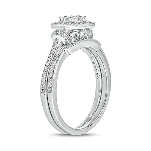 1/4cttw Diamond Square Cluster Halo Engagement Ring with Matching Diamond Wedding Band for Women in 925 Sterling Silver, Women's Silver Wedding Ring Set with Diamond Accented Bands2