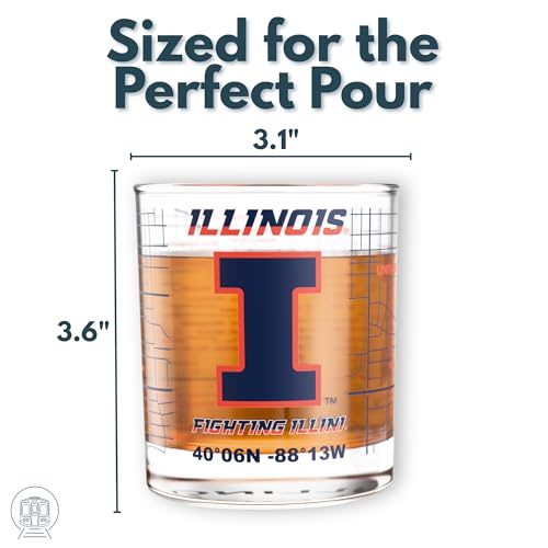 Image of Greenline Goods - University of Illinois Fighting Illini College Whiskey Glasses (Set of 2), 10 oz - Full-Color Logo + Campus Map