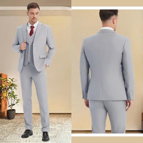 Men's 3 Piece Suit 2 Button Business Wedding Prom Slim Fit Suits Blazer Formal Tuxedo Vest andTrousers Light Grey L2