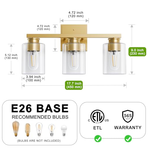 Image of L LOHAS LED 3-Light Bathroom Light Fixtures Over Mirror, 17.7-Inch Gold Bathroom Vanity Light with Clear Glass Shade, Modern Vanity Lights for Bathroom Hallway Living Room Bedroom, E26, UL Listed