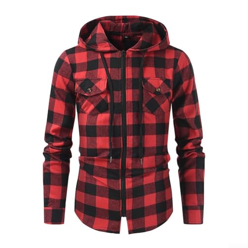 Chaqueta con capucha acolchada a cuadros para hombre, diseño para actividades casuales y al aire libre (2XL rojo)