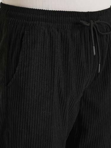 Image of Banana Club Deep Black Corduroy Pant - Regular Fit, Solid, Corduroy Casual Trousers with Textured Fabric, Comfortable Fit