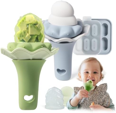 Moonkie Fruchtsauger Baby mit Gefrierschrank Tablett, BPA-Frei Silikon Fruchtschnuller mit Zwei Größen Beutel, 4 Monate+ Zahnungshilfe, Geschenk zur Babyparty, 2 Stück(Estragon/Him