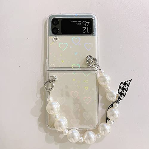 For Samsung Galaxy Z Flip 3 5G Case For Women Girls With Bead Strap,Cute Laser Holorgraphic Love Heart Design Luxury Bling Glitter Clear Tpu Bumper Shockproof Phone Case For Samsung Galaxy Z Flip 3 #TOP3