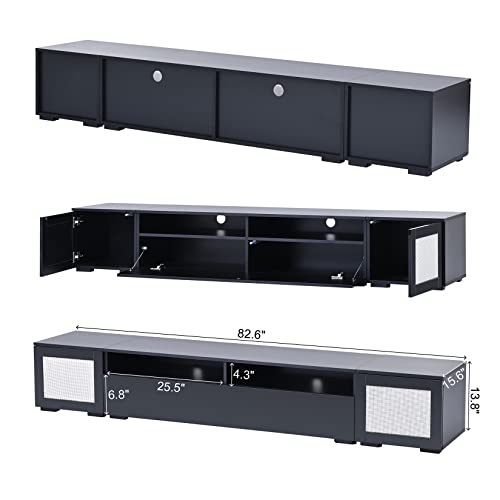 3-Pieces Modern Extended Tv Console Table For Tvs Up To 85 Inch Tv With Color Changing Led Lights For Home Theatre, 85 Inch Tv Stand, Rattan Style Entertainment Center With Push To Open Doors, Black #TOP2