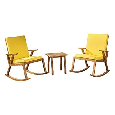 Great Deal Furniture Champlain Outdoor Modern Acacia Wood Rocking Chairs with Accent Table, Teak and Yellow 41gcbOMjd6L. SS400