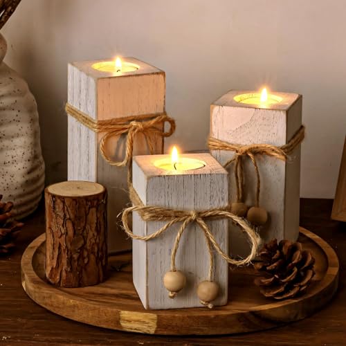 White Farmhouse Candle Holder with Flameless LED Candles Farmhouse Decor 3p