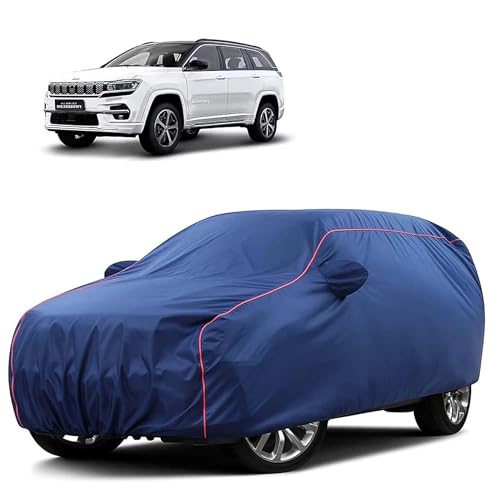 Image of Sulfar 100% Water Resistant Car Body Cover Compatible with Mirror for Jeep Meridian (Triple Stitched, Full Bottom Elastic, Blue Tafetta with Red Piping)