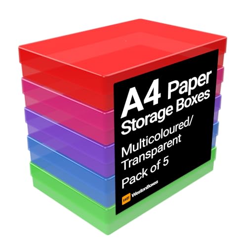 WestonBoxes A4 Colourful Transparent Plastic Craft Storage Boxes with Lids for Art Supplies Paper and Card (Multicoloured / Transparent Pack of 5)