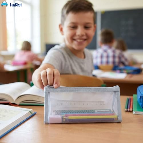 Image of FunBlast Mesh Pencil Case with Smooth Zipper, Single Layer Multi-Purpose Stationary & Pen Pouch for Boys & Girls, Transparent Stationary Bag, Organizer Pouch for Student (Light Grey-C)