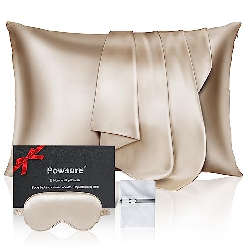 Powsure 100% Pure Mulberry Silk Pillowcase for Hair and Skin - 22 Momme 6A Zippered Silk Pillow Case-Standard 20"x26" Gifts for Women(Pack of Silk Pillowcases and Eye Mask Set)