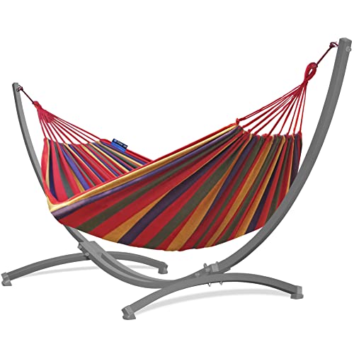 Potenza Outdoor Hängematte mit Gestell für 2 Personen I Baumwolle Doppelhängematte XXL 220x160, 200kg I Hängemattengestell 220kg, wetterfest (Rot, Gestell Grau)
