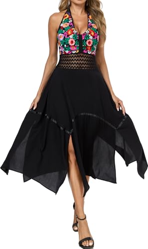 Women's Mexican Dress Flowy Dresses Embroidered Halter Off Shoulder Sexy Maxi Cocktail Dresses