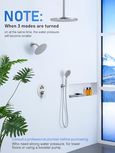 Image of Woindo Shower Faucet Set 10 inch Rain Shower Head /8'' Side Shower Head and 3 Setting Handheld Ceiling Mount 3 Push Button Diverter Complete Rainfall Round Shower System Included Valve Trim Kit