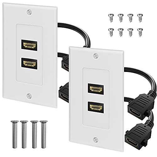 HDMI Wall Plate 2 Port, 2 Pack HDMI Outlet Faceplate Double Port with 7 Inch Pigtail Built-in Flexible Hi-Speed HDMI Cable Connector RFAdapter for DVD Players, Blu-Ray Players, HDTV