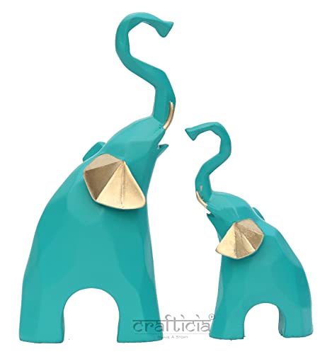 Image of Resin Elephant Pair Showpiece Geometrical Animal Figurine for Table Top Good Luck Vaastu (9 & 6 inch, Green)