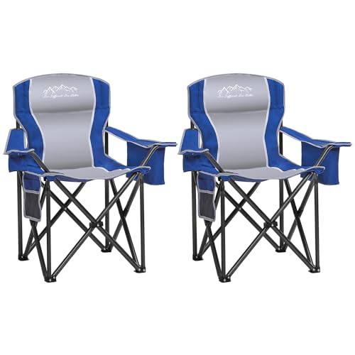 2PCS Folding Camping Chair, Heavy Duty Portable Lawn Chairs with Cooler Bag, Side Pocket & Cup Holder, Folding Chairs for Outside Support 450lbs Blue