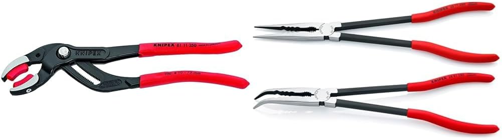 KNIPEX 81 11 250 Pipe Gripping Pliers and 2 Piece Extra Long Needle Nose Pliers Set With Keeper Pouch (8111250, 28 71 280, 28 81 280 and 9K 00 90 12 US)