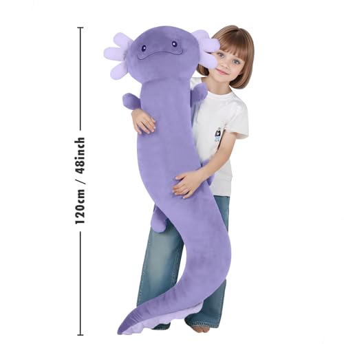 Image of Tianmihou 48 Inch Giant Axolotl Stuffed Animal, Cute Plush Toy Purple Axolotl Body Pillow for Kids, Soft Salamander Glow in The Dark Plushie Gifts for Girls, Boys, Birthday