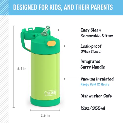 Image of THERMOS FUNTAINER Water Bottle with Straw - 12 Ounce - Kids Stainless Steel Vacuum Insulated Water Bottle with Lid, Lime /Orange (Pack of 6)