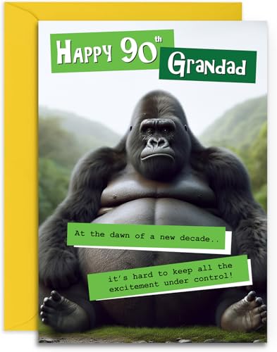 Funny Grandad 90th Birthday Card - Grumpy Gorilla Design for Him - Fun Age 90 Happy Birthday Card for Grandad - A5 Size Card with Yellow Envelope