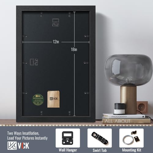 Image of VCK 12x18 Frames - Black, Wide Border Solid Wood Poster Frame, Display Pictures in Horizontal and Vertical, for Home, Office, Gallery, Woodgrain Series, Wall Hanging, 2 Pack