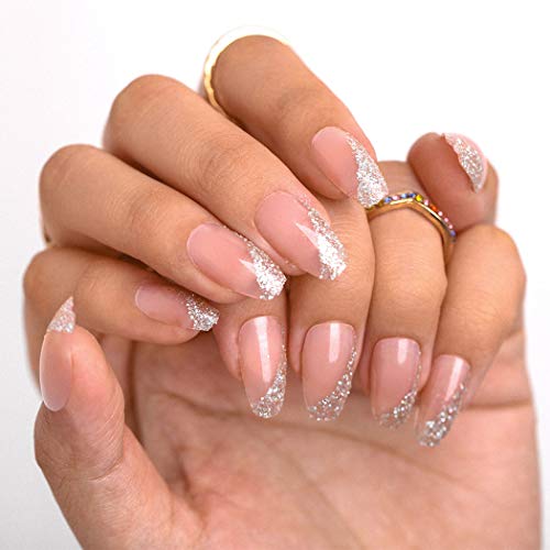 Sethexy Lustroso Bailarina Uñas postizas Meidum Brillantina Costoso Ataúd Rosa Uñas postizas 24 piezas francés Acrílico Arte Presione en las puntas de las uñas para mujeres y niñas Cover
