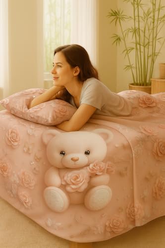 Image of King Size 7D Digital Print Bedsheet - 350 TC Cotton, Kids Friendly Design, Soft & Breathable 180 GSM Fabric, Machine Washable, Gift-Ready Packaging. (108x108 Inches). (Pink Teddy)