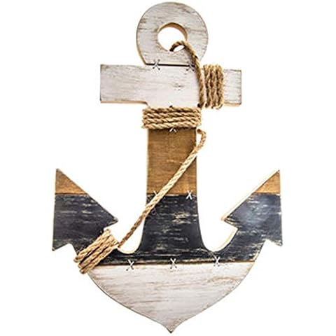 Mission Gallery 13" Wooden Blue and White Striped Anchor Wall Decor with Jute Rope Distressed Style Cover