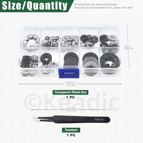 Keadic 208Pcs M2 M2.5 M3 M4 M5 M6 M8 M10 M12 Innenzahn Unterlegscheiben Sortiment Set, 304 Edelstahl und 65Mn Stahl Halteklammern Befestigungselemente für Automotive