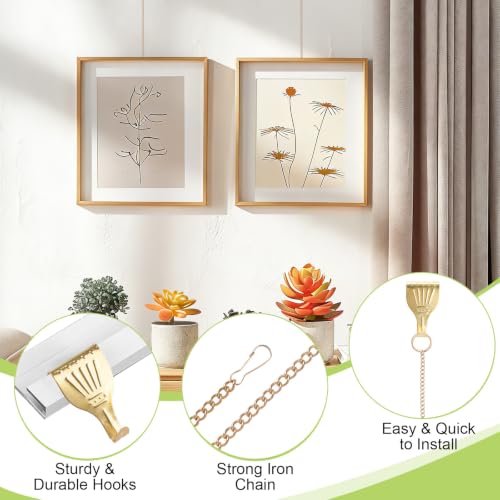 Image of Picture Hanging Kit 10Pcs Picture Rail Hooks with 10Pcs Chains, Metal Picture Display Hanging System for Wall Picture, Exhibition(Gold, 20CM)