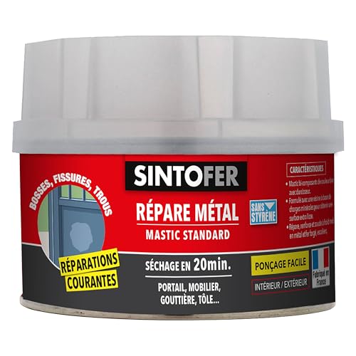 SINTOFER - Répare Métal Standard - Répare Trous et Enfoncements - Egalise et Soude à Froid - Sans Retrait - Sec en 20min - Intérieur et Extérieur - Blanc A Peindre - Technique Professionnelle - 330g