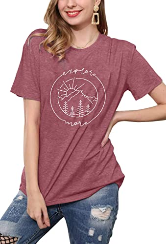 Mousya Women Mountain Graphic T-Shirt Summer Outdoors Hiking Camping Short Sleeve Round Neck Tee Tops (Dark Pink, X-Large, X_L) #TOP1