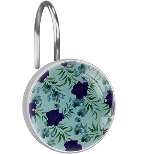Crochets de rideau de douche feuilles vertes et fleurs bleues x12