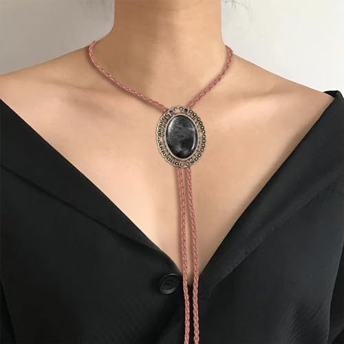 Image of Jeilwiy Bolo Tie for Men Real Stone Westwern Cowboy Ties Silver Bolos Women Leather Necktie Gift for Birthday Christmas