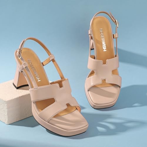 ROSERWISH Womens Platform Heeled Sandals, Open Square Toe Chunky Heels, Strappy Sandals for Women, Leather Insole Dress Shoes for Prom Weeding Bride Party 3.5"2