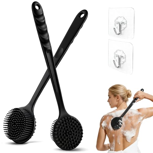Brosse dos douche en silicone, Set de 2 Brosse Long Manche en Silicone Double Face, avec 2 crochets transparents, Noir