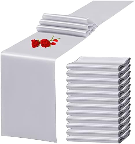 12 Pack Silver Satin Table Runner 12 x 108 Inch Long Premium Table Runners for Wedding Party Events Decoration，Birthday Parties, Banquets Decorations，Graduations, Engagements